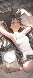Rule 34 | 1girl, absurdres, arm behind head, arm up, armpits, bare arms, bare shoulders, black hair, blue eyes, breasts, camisole, cassette player, cassette tape, glass, headphones, highres, holding, indoors, long hair, lying, medium breasts, midriff, navel, on back, on bed, original, parted lips, plate, rim (kyorin), solo, strap slip, sunlight, tray, very long hair, white camisole