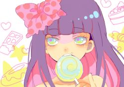 Rule 34 | 10s, 1girl, bad drawr id, bad id, bow, cake, candy, chocolate, colored eyelashes, colored inner hair, drawr, food, hair bow, heart, isago (ica), lollipop, multicolored hair, oekaki, panty &amp; stocking with garterbelt, pink hair, purple hair, solo, stocking (psg), two-tone hair, wrapped candy