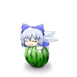 Rule 34 | 1girl, blue hair, bow, cirno, dress, closed eyes, food, fruit, hair bow, hiro (pqtks113), holding, holding food, holding fruit, melon, short hair, solo, touhou, watermelon, wings