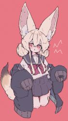 1girl :t absurdres animal_ear_fluff animal_ears bandaid bandaid_on_leg black_coat blonde_hair clothes_down coat cropped_legs double-parted_bangs double_bun fox_ears fox_girl fox_tail grey_sailor_collar grey_skirt hair_between_eyes hair_bun highres large_ears long_hair megateru neckerchief open_clothes open_coat original oversized_clothes pleated_skirt pout red_background red_eyes red_neckerchief sailor_collar school_uniform serafuku short_sleeves sidelocks skirt solo tail