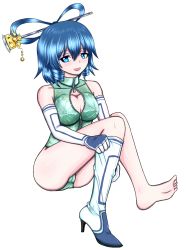 Rule 34 | 1girl, blue hair, breasts, cameltoe, cleavage, front zipper swimsuit, kaku seiga, long boots, meme attire, one-piece swimsuit, swimsuit, touhou
