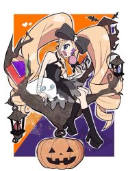 Rule 34 | 10s, 1girl, bad id, bad pixiv id, bandages, bare shoulders, bat (animal), black footwear, blonde hair, blue eyes, boots, bow, dress, drill hair, earrings, eyepatch, hair bow, halloween, harime nui, heart, jack-o&#039;-lantern, jewelry, kill la kill, lantern, long hair, sitting, skull, smile, solo, strapless, strapless dress, tamase, twin drills, twintails