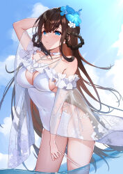 Rule 34 | 1girl, arm behind head, arm up, bare shoulders, bison cangshu, blue eyes, blue flower, blue sky, braid, breasts, brown hair, cleavage, cloud, cloudy sky, commentary request, covered navel, day, flower, hair between eyes, hair flower, hair ornament, hair rings, highres, large breasts, long hair, one-piece swimsuit, original, outdoors, see-through, sky, solo, standing, swimsuit, twin braids, very long hair, wading, water, white flower, white one-piece swimsuit