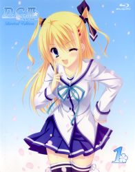 Rule 34 | 10s, 1girl, ;d, black thighhighs, blonde hair, blu-ray cover, blue eyes, cherry blossoms, copyright name, cover, da capo, da capo iii, highres, long hair, morizono rikka, official art, one eye closed, open mouth, school uniform, serafuku, smile, solo, tanihara natsuki, thighhighs, twintails, two side up, wink