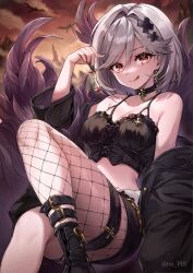 Rule 34 | 1girl, alter ego malevolent (granblue fantasy), apple, apple core, bare shoulders, black jacket, black nails, breasts, camisole, choker, cleavage, djeeta (granblue fantasy), feet out of frame, fishnet pantyhose, fishnets, food, fruit, granblue fantasy, grey hair, hair ornament, hand up, highres, holding, holding food, holding fruit, iro 178, jacket, jacket partially removed, licking lips, medium breasts, medium hair, midriff, open clothes, open jacket, pantyhose, red eyes, shoes, single fishnet legwear, solo, tongue, tongue out, x hair ornament