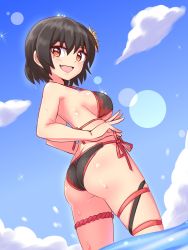 Rule 34 | 1girl, ass, bare shoulders, beatus creation, bikini, black hair, blush, breasts, cougar (cougar1404), flower project, from behind, from below, halterneck, hatsume (flower project), highres, looking at viewer, looking back, majin shoujo, mole, mole under eye, open mouth, red eyes, shiny skin, short hair, side-tie bikini bottom, sideboob, smile, solo, swimsuit, thigh strap, thighhighs, wading, water, wet