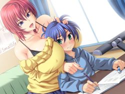 Rule 34 | 1boy, 1girl, age difference, aqua eyes, bare shoulders, bed, between breasts, black bra, blue eyes, blue hair, blush, book, bra, breasts, collarbone, covered erect nipples, desk, desk lamp, embarrassed, english text, eraser, game cg, hair between eyes, hand on another&#039;s head, head between breasts, holding, holding pen, huge breasts, indoors, kimura chikamichi, kloah, lamp, light, mocking soft, oppai kaijuu akanegon uff5ekatei kyoushi wa do s chijouff5e, pen, pencil, pink hair, pointing, puffy sleeves, sitting, size difference, skirt, takamiya akane, underwear, window