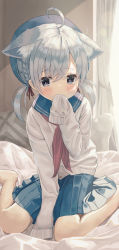 Rule 34 | 1girl, ahoge, animal ear fluff, animal ears, bed sheet, beret, blue eyes, blue hat, blue sailor collar, blue skirt, blush, braid, brown ribbon, cat ears, commentary request, covered mouth, curtains, hair between eyes, hair ribbon, hat, indoors, long sleeves, looking at viewer, low twintails, mimikaki (men bow), original, pillow, pleated skirt, ribbon, sailor collar, school uniform, serafuku, shirt, silver hair, sitting, skirt, sleeves past fingers, sleeves past wrists, solo, teeth, twintails, wariza, white shirt