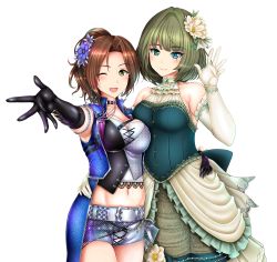 Rule 34 | 2girls, absurdres, bare shoulders, belt, black gloves, blue eyes, blue vest, blush, breasts, brooch, brown eyes, brown hair, choker, cleavage, closed mouth, dress, elbow gloves, flower, gloves, green dress, green eyes, green hair, hair flower, hair ornament, heterochromia, highres, idolmaster, idolmaster cinderella girls, idolmaster cinderella girls starlight stage, jewelry, kawashima mizuki, long hair, looking at viewer, medium breasts, midriff, mole, mole under eye, multiple girls, navel, one eye closed, open clothes, open mouth, open vest, otone, outstretched arm, ponytail, short hair, short shorts, shorts, simple background, smile, takagaki kaede, vest, waving, white background, white gloves