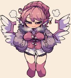 Rule 34 | 1girl, animal ears, awa (bihidasu), bird ears, bird wings, blush, breasts, brown hat, brown thighhighs, closed mouth, cropped legs, earrings, feet out of frame, grey jacket, hands in pockets, hat, jacket, jewelry, large breasts, mystia lorelei, open clothes, open jacket, pink eyes, pink hair, shirt, short hair, simple background, single earring, smile, solo, thighhighs, touhou, white shirt, white wings, wings, yellow background