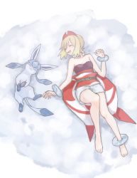 Rule 34 | 1girl, anklet, bare legs, barefoot, blonde hair, bracelet, closed eyes, collar, commentary, creatures (company), day, from above, game freak, gen 4 pokemon, glaceon, hairband, hand up, happy, highres, irida (pokemon), jewelry, lying, mozu (teluto), nintendo, on back, open mouth, outdoors, pokemon, pokemon (creature), pokemon legends: arceus, red hairband, sash, shirt, short hair, shorts, smile, strapless, strapless shirt, symbol-only commentary, toes, white shorts
