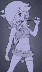 Rule 34 | 1girl, arm at side, bare shoulders, blue theme, breasts, brooch, closed mouth, cowboy shot, crop top, earrings, female focus, frilled shirt, frills, grey background, hair flaps, hair over one eye, hand up, happy, highres, holding, holding wand, jewelry, legs apart, lips, long hair, looking at viewer, mario (series), microskirt, monochrome, navel, nintendo, panties, panty pull, pulling own clothes, rosalina, shirt, sidelocks, simple background, sketch, skirt, sleeveless, sleeveless shirt, small breasts, smile, solo, standing, star (symbol), star earrings, stomach, string panties, super mario galaxy, thighs, throat (artist), underwear, wand