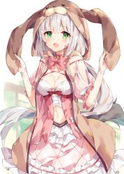Rule 34 | :d, animal ears, animal hood, bare shoulders, bow, breasts, brown jacket, character request, choker, cleavage, clothing cutout, commentary request, dress, fake animal ears, flower knight girl, frilled dress, frills, green eyes, hair between eyes, hands up, highres, holding ears, hood, hood up, hooded jacket, jacket, long hair, medium breasts, navel, navel cutout, open clothes, open jacket, open mouth, pink bow, pink choker, pink dress, puffy short sleeves, puffy sleeves, rabbit ears, rabbit hood, short sleeves, silver hair, sleeveless, sleeveless jacket, smile, solo, unacchi (nyusankin), very long hair