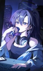 Rule 34 | 1girl, black tank top, blue archive, blue jacket, blush, breasts, can, cellphone, cleavage, hair between eyes, halo, headphones, headphones around neck, highres, holding, holding can, indoors, jacket, keyboard (computer), kkubuk92, large breasts, long hair, long sleeves, looking at viewer, mechanical halo, open clothes, open jacket, phone, purple eyes, purple hair, smartphone, solo, tank top, yuuka (blue archive)
