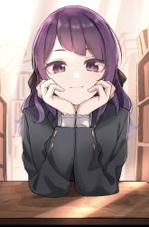 Rule 34 | 1girl, arm support, black bow, black jacket, blazer, book, bookshelf, bow, closed mouth, commentary, copyright request, diagonal bangs, grey shirt, hair bow, hands up, head rest, highres, indoors, jacket, long hair, long sleeves, purple eyes, purple hair, school uniform, shirt, shiwa (siwaa0419), smile, solo, upper body