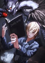 Rule 34 | 2boys, absurdres, black hair, blonde hair, brown hair, commentary request, death note, death note (object), highres, holding, long sleeves, looking at viewer, male focus, multiple boys, necktie, open mouth, ossan zabi 190, ryuk, sharp teeth, shinigami, shirt, smile, teeth, yagami light