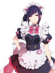 Rule 34 | 1girl, absurdres, akiba maid sensou, animal ears, apron, black hair, bow, bowtie, fake animal ears, hand on own hip, highres, looking at viewer, maid, maid apron, maid headdress, mannen ranko, pig ears, pink bow, pink bowtie, short hair, short sleeves, simple background, solo, standing, white background, wrist cuffs, yasu (pixiv)
