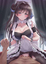 Rule 34 | 1boy, 1girl, absurdres, azur lane, bar censor, bare shoulders, blush, breasts, brown pantyhose, censored, cleavage, clothed sex, cowgirl position, dress, girl on top, grey eyes, hetero, highres, holding hands, large breasts, long hair, looking at viewer, newcastle (azur lane), one side up, pantyhose, pussy, satou aji, sex, smile, straddling, thighs, torn clothes, torn legwear, white dress