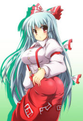 Rule 34 | &gt;:o, 1girl, :o, ass, bad id, bad pixiv id, blue hair, blush, bow, breasts, curvy, dress shirt, female focus, from behind, fujiwara no mokou, gradient background, green background, hair bow, hair ribbon, highres, impossible clothes, impossible shirt, large breasts, long hair, looking at viewer, looking back, pants, red eyes, ribbon, sen (astronomy), shirt, silver hair, solo, straight hair, suspenders, touhou, v-shaped eyebrows, very long hair, white background