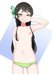 Rule 34 | ..., 1girl, aikatsu!, aikatsu! (series), arm behind back, armpits, black hair, blue background, blush, braid, breasts, closed mouth, collarbone, commentary request, covering face, cowboy shot, crown braid, embarrassed, green eyes, green panties, green ribbon, groin, hair over breasts, hair over one breast, hair ribbon, hand up, highres, kamiya shion, long hair, looking at viewer, minakamirin, navel, nipples, open hand, panties, rectangle, ribbon, sidelocks, small breasts, solo, speech bubble, spoken ellipsis, standing, stomach, sweatdrop, topless, two-tone background, underwear, underwear only, white background