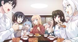 absurdres black_hair blonde_hair blue_eyes blush cake charlotte_arisaka_anderson cup dinner drinking_glass embarrassed food hair_between_eyes hair_ornament hair_ribbon hairpin highres holding itame_moyashi long_hair long_sleeves mia_whitlock multiple_girls natsunagi_nagisa open_mouth peeking ribbon saikawa_yui shirt short_hair siesta_(tantei_wa_mou_shindeiru) smile tantei_wa_mou_shindeiru tea