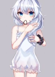 Rule 34 | 1girl, blue eyes, chabatake, child, closed mouth, dress, grey background, hair between eyes, highres, honkai (series), honkai impact 3rd, in mouth, long hair, looking at viewer, nightgown, pajamas, shirt, side ponytail, simple background, sleeveless, sleeveless dress, solo, theresa apocalypse, white dress, white hair, white shirt