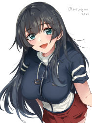 Rule 34 | 1girl, agano (kancolle), alternate sleeve length, black hair, chamumi (mochiumee), cowboy shot, drawstring, from above, green eyes, jacket, kantai collection, long hair, looking at viewer, multicolored clothes, multicolored jacket, official alternate costume, one-hour drawing challenge, pleated skirt, red skirt, short sleeves, simple background, skirt, solo, two-tone jacket, white background