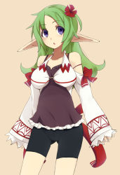 Rule 34 | 1girl, :o, bare shoulders, bike shorts, blush, breasts, collarbone, detached sleeves, elf, flower, green hair, hair flower, hair ornament, hibiscus, long hair, long pointy ears, maze (gochama ze gohan), original, pointy ears, purple eyes, simple background, solo, yellow background