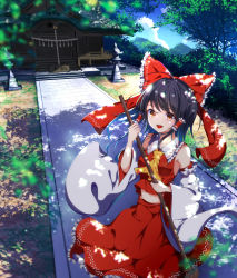 Rule 34 | 1girl, :d, absurdres, ascot, bare shoulders, black hair, blue sky, bow, breasts, broom, brown eyes, cloud, commentary request, cowboy shot, day, detached sleeves, frilled bow, frilled shirt collar, frills, hair bow, hair tubes, hakurei reimu, hakurei shrine, highres, holding, holding broom, huge filesize, long hair, long sleeves, looking at viewer, midriff, navel, open mouth, outdoors, red bow, red skirt, shadow, shide, shrine, sidelocks, skirt, skirt set, sky, small breasts, smile, solo, standing, touhou, tree, wide sleeves, yamanakaume, yellow ascot
