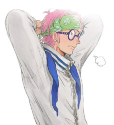 Rule 34 | 1boy, eyewear on head, glasses, headband, koby (one piece), looking at viewer, male focus, marine uniform (one piece), mocchi (mkz), one piece, pink hair, scar, scar on face, scar on forehead, solo
