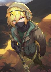 Rule 34 | 1girl, ar-15, assault rifle, blonde hair, boots, camouflage, camouflage pants, eyewear on head, gloves, green eyes, gun, headset, highres, jacket, looking at viewer, mask, mountainous horizon, mouth mask, original, pants, paperboathat, pouch, rifle, safety glasses, scarf, solo, weapon