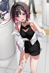 Rule 34 | 1girl, :d, bare shoulders, black choker, black hair, black hairband, black shorts, blush, breasts, chigusa minori, choker, cleavage, commentary request, corrupted twitter file, hair ornament, hairband, hand up, highres, large breasts, long sleeves, multicolored hair, nail polish, off shoulder, open mouth, purple eyes, purple hair, shino to ren, shirayuki ren, shirt, shirt tucked in, short hair, shorts, smile, solo, solo focus, thighs, two-tone hair, white shirt