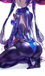 Rule 34 | 1girl, ass, ass focus, black hair, blue leotard, bodysuit, cape, curvy, detached sleeves, elbow gloves, from behind, genshin impact, gloves, hair ornament, hair ribbon, hat, highleg, highleg leotard, highres, huge ass, leotard, long hair, mona (genshin impact), pantyhose, purple hair, ribbon, shiny clothes, solo, squatting, thighlet, thong leotard, twintails, uenoryoma, very long hair, wide hips, witch hat
