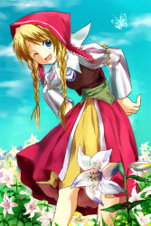 Rule 34 | 1girl, :d, ;d, aqua eyes, blonde hair, blue eyes, bonnet, braid, bug, butterfly, cordelia (saga), cordelia (saga frontier 2), dress, female focus, field, flower, flower field, hair over shoulder, hands on own hips, insect, jewelry, leaning forward, lily (flower), long hair, necklace, one eye closed, open mouth, puffy sleeves, saga, saga frontier 2, smile, solo, twin braids, wink, yukka (yucca u)