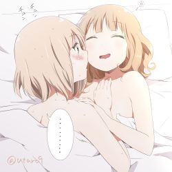 Rule 34 | ..., 2girls, bad id, bad twitter id, bed, bed sheet, blush, brown eyes, brown hair, completely nude, drooling, closed eyes, fang, hand on another&#039;s chest, hand on another&#039;s shoulder, highres, incest, kamiki uutarou, multiple girls, nude, on bed, oomuro nadeshiko, oomuro sakurako, open mouth, pillow, short hair, siblings, sisters, spoken ellipsis, sweat, twitter username, under covers, yuri, yuru yuri
