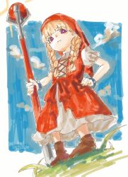 Rule 34 | 1girl, artist name, black footwear, blonde hair, blunt bangs, braid, bright pupils, closed mouth, cloud, dragon quest, dragon quest xi, dress, full body, grass, hand on own hip, hat, highres, holding, holding staff, long hair, looking at viewer, oftooon, purple eyes, red dress, red hat, shoes, signature, sketch, sky, solo, staff, twin braids, veronica (dq11), white pupils