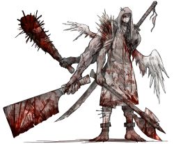 Rule 34 | absurdres, ankle cuffs, armor, asymmetrical arms, asymmetrical wings, axe, bandaged head, bandages, barefoot, blood, blood on clothes, blood stain, bloody weapon, chain, chipped sword, cleaver, cloak, club, club (weapon), collar, extra arms, eyepatch, full body, highres, holding, holding axe, holding knife, holding weapon, hood, hospital gown, kankan33333, knife, looking at viewer, one eye covered, original, shoulder armor, solo, spiked club, standing, stitches, sword, sword behind back, weapon, white wings, wings, yellow eyes