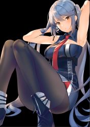 Rule 34 | 1girl, armpits, arms behind head, azur lane, bare shoulders, black pantyhose, black ribbon, blue dress, blue footwear, blue gloves, blue hair, blush, braid, breasts, character name, cleavage, collared dress, commentary, dress, essex (azur lane), french braid, furrowed brow, gloves, hair ribbon, hair spread out, hands up, holding, holding own hair, jun project, knees together feet apart, looking at viewer, medium breasts, necktie, no cape, pantyhose, parted lips, partially fingerless gloves, red necktie, ribbon, short dress, sitting, sleeveless, solo, twintails, underbust, yellow eyes