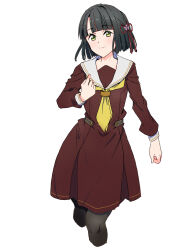 Rule 34 | 1girl, black hair, black pantyhose, blunt bangs, blunt ends, brown dress, closed mouth, commentary, cropped legs, dress, feet out of frame, flower, flower knot, green eyes, hair flower, hair ornament, hasu no sora school uniform, highres, light blush, link! like! love live!, long sleeves, looking at viewer, love live!, lunatic rabbit, medium dress, momose ginko, neckerchief, pantyhose, pleated dress, sailor collar, sailor dress, school uniform, short hair, simple background, smile, solo, virtual youtuber, white background, white sailor collar, winter uniform, yellow neckerchief