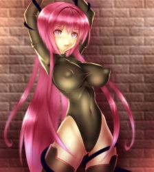 Rule 34 | 1girl, arms up, bdsm, blush, bodysuit, bondage, bound, breasts, cameltoe, covered navel, cowboy shot, covered erect nipples, highleg, highleg leotard, large breasts, leotard, long hair, looking at viewer, navel, open mouth, original, pink eyes, pink hair, puffy nipples, restrained, ronald (takeronald), solo, tentacles, thighs