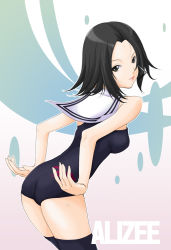 Rule 34 | 1girl, alizee, animification, black hair, black one-piece swimsuit, from behind, kawamura tsukasa, looking back, microphone, one-piece swimsuit, real life, real life insert, school swimsuit, short hair, solo, swimsuit, thighhighs