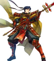 Rule 34 | 1boy, armor, attack, black gloves, black hair, cape, fingerless gloves, fire emblem, fire emblem: radiant dawn, fire emblem heroes, gloves, headband, highres, holding, holding polearm, holding weapon, japanese armor, japanese clothes, nintendo, non-web source, official alternate costume, official art, pelvic curtain, polearm, short hair, shoulder armor, solo, v-shaped eyebrows, weapon, yellow cape, zelgius (fire emblem), zelgius (ninja) (fire emblem)