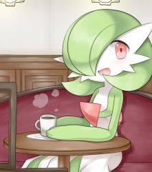 Rule 34 | 1girl, blush, bob cut, cafe, coffee, colored skin, creatures (company), cup, drink, female focus, flat chest, game freak, gardevoir, gen 3 pokemon, green hair, green skin, hair over one eye, happy, holding, holding cup, indoors, light blush, looking to the side, lotosu, mug, multicolored skin, nintendo, on chair, open mouth, pokemon, pokemon (creature), red eyes, saucer, short hair, sitting, smile, solo, steam, table, two-tone skin, white skin