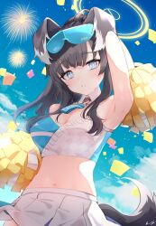Rule 34 | 1girl, absurdres, animal ears, arm up, armpits, bare arms, bare shoulders, black hair, blue archive, blue eyes, blue sky, blush, breasts, cheerleader, commentary request, confetti, cowboy shot, crop top, dog ears, dog girl, dog tail, eyewear on head, goggles, goggles on head, halo, hibiki (blue archive), hibiki (cheer squad) (blue archive), highres, komatsu (komatsuu123), long hair, looking at viewer, medium breasts, midriff, millennium cheerleader outfit (blue archive), navel, official alternate costume, partial commentary, pom pom (cheerleading), skirt, sky, sleeveless, smile, solo, sunglasses, tail, white skirt