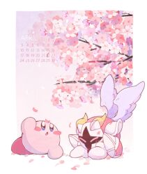 Rule 34 | :o, ^ ^, april, arm up, armor, blue eyes, blush, blush stickers, border, branch, calendar (medium), cherry blossoms, closed eyes, commentary request, dated, falling petals, feathered wings, flower, galacta knight, gradient background, horns, kirby, kirby (series), looking up, mask, midooka (o k k), nintendo, no humans, open mouth, outside border, pauldrons, petals, pink flower, purple wings, shoulder armor, simple background, sitting, white border, wings, yellow horns