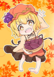 Rule 34 | 1girl, :d, aki minoriko, apron, arm up, autumn leaves, barefoot, basket, blonde hair, blush, chibi, food, food on head, fruit, fruit on head, grapes, hat, leaf, looking at viewer, object on head, open mouth, red hat, skirt, smile, solo, sweet potato, takamochi kanae, touhou, v-shaped eyebrows, yellow eyes