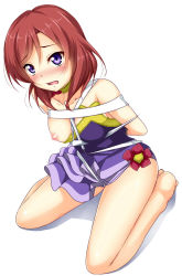 Rule 34 | 10s, 1girl, barefoot, bdsm, blush, bondage, bound, breast slip, breasts, dancing stars on me!, flower, full body, highres, leotard, looking at viewer, love live!, love live! school idol project, nipples, nishikino maki, one breast out, open mouth, purple eyes, red hair, short hair, simple background, sitting, solo, tjk, wariza, white background, yopparai oni