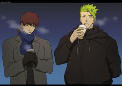 Rule 34 | 2boys, achilles (fate), black gloves, black jacket, blue scarf, brown eyes, brown hair, cappuccino, closed mouth, coat, coffee, drawstring, drinking, facial hair, fate/grand order, fate (series), gloves, goatee, green hair, grey coat, hand in pocket, hector (fate), highres, hood, hooded jacket, jacket, male focus, mogula71, multiple boys, one eye closed, orange eyes, parted lips, ponytail, scarf, short hair, twitter username, winter