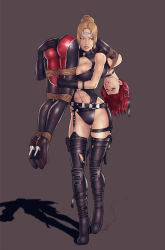 Rule 34 | 2girls, abs, arms behind back, ass, ass grab, asymmetrical gloves, bdsm, black gloves, blonde hair, bloodrayne, bloodrayne (videogame), bodysuit, bondage, boots, bound, bound ankles, bound wrists, breasts, bruise, carrying, carrying over shoulder, choker, circlet, closed eyes, clothing cutout, crossover, defeat, dhampir, elbow gloves, gloves, grabbing another&#039;s ass, groping, hair ornament, hairline, half-human, high heel boots, high heels, highres, injury, large breasts, leotard, lips, lipstick, long hair, makeup, mismatched gloves, multiple girls, navel, navel cutout, ninja gaiden, nipple slip, nipples, over shoulder, platform footwear, platform heels, ponytail, rachel (ninja gaiden), red hair, reptileye, rope, shoulder carry, skin tight, stiletto heels, thigh boots, thighhighs, toned, torn clothes, unconscious, undead, vampire, watermark, yuri