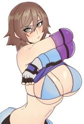 1girl blush bra breasts brown_eyes brown_hair cleavage clothes_lift kazama_asuka large_breasts lifting_own_clothes looking_at_viewer namco shirt_lift short_hair solo tekken underboob underwear undressing yoshiikirablr